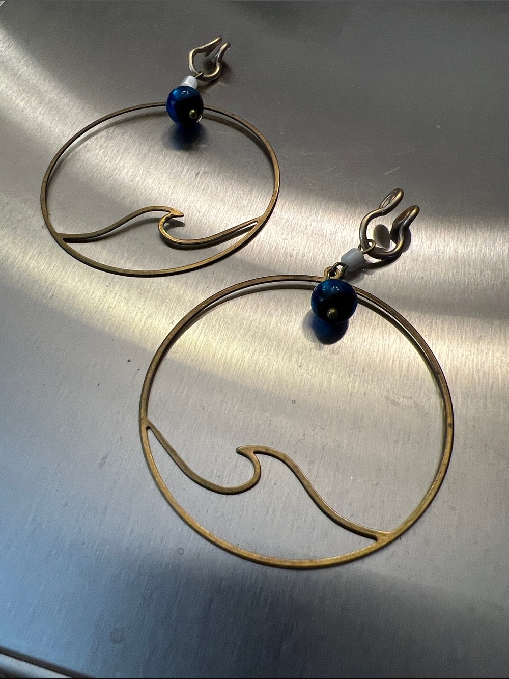 Gold Ocean Wave Landscape Cutout Hoop Earrings Clip-ons Large Bold Jewelry
